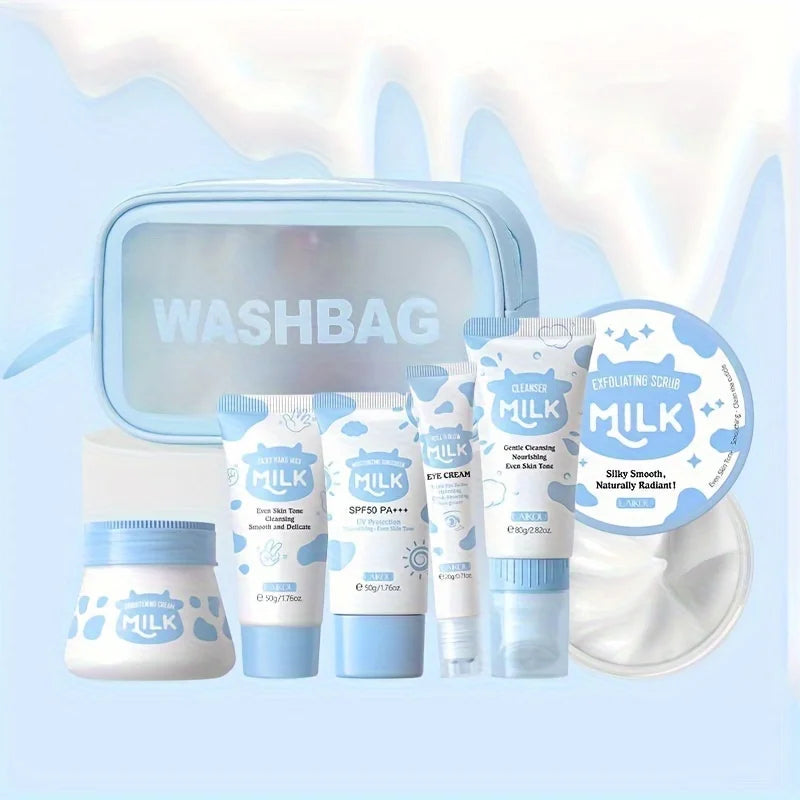 7PCS Milk Skin Care Set Moisturizing Hydration Body Beauty Facial Cleanser Body Scrub Hand Wax Eye Cream Sunscreen Storage Bag